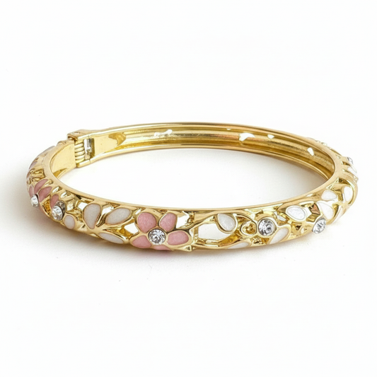 White and pink crystal petal enamel bangle bracelet gold plated floral enamel bracelet for women on white background