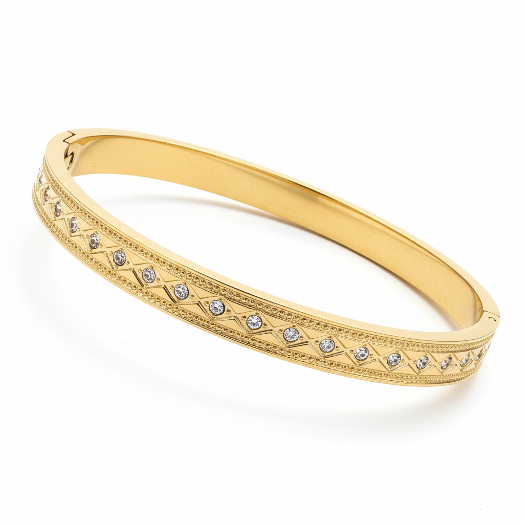 Crystal diagonal bangle bracelet gold plated crystal bracelet for women on white background