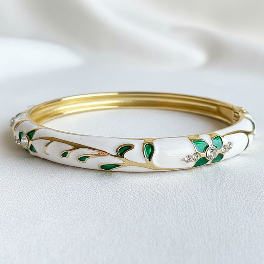 Green leaf crystal gold plated enamel bracelet for women on white background