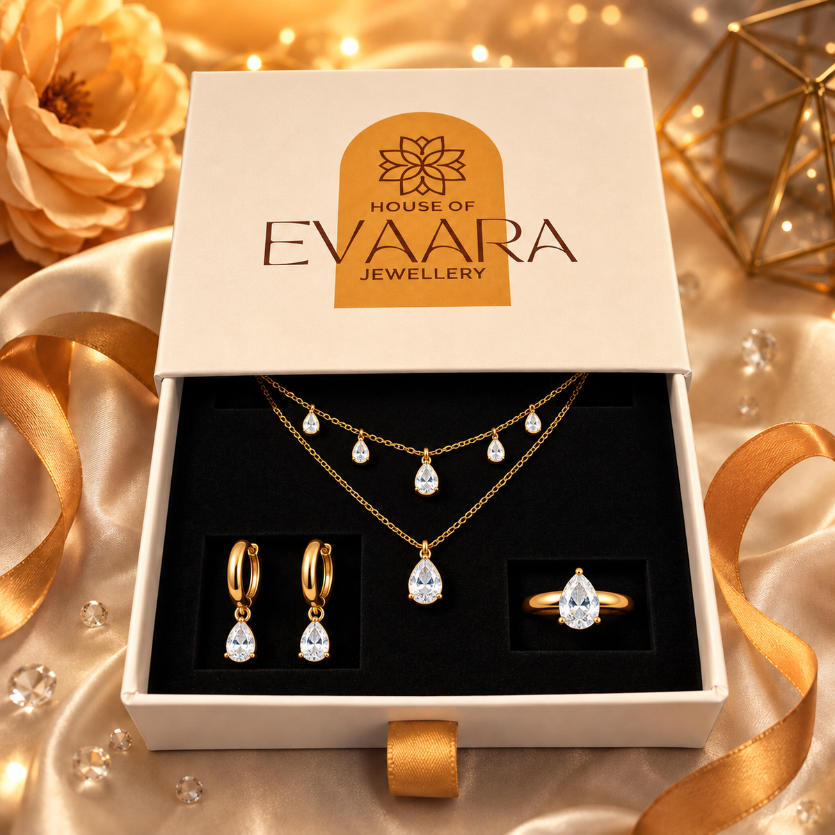 Avel Everyday Jewellery Set with necklace, earrings and ring in House of Evaara gift box