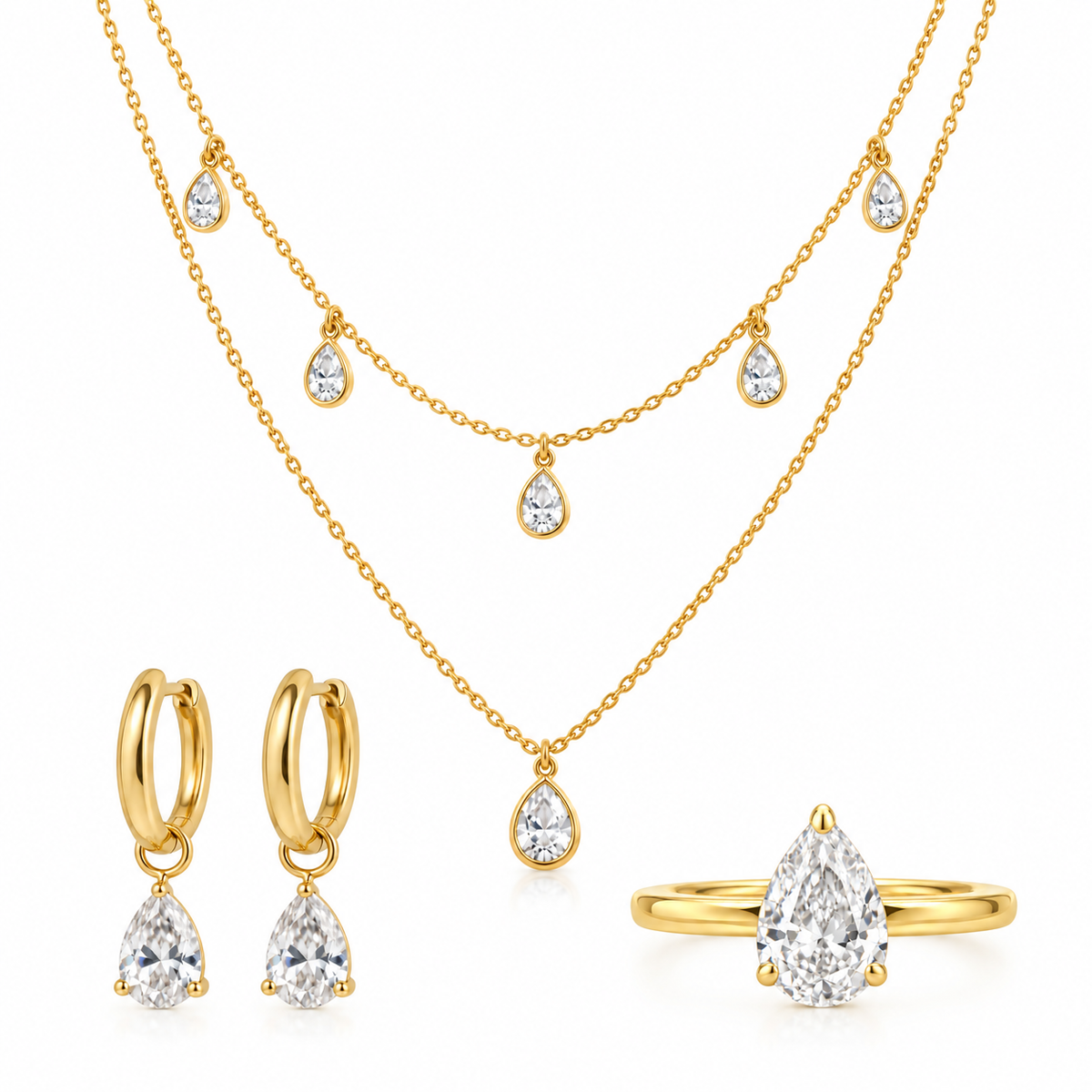 Avel Everyday Jewellery Set with layered necklace, drop earrings and solitaire ring