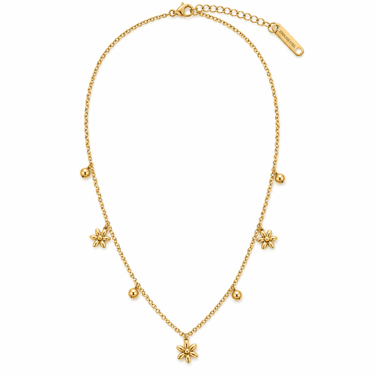 Aveline gold-tone stainless steel necklace with petite floral charms and bead accents