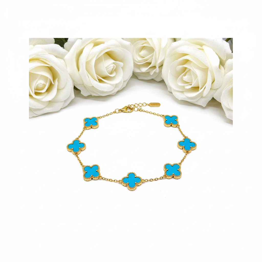 Blue clover gold plated chain bracelet minimal gold clover bracelet for women on white background