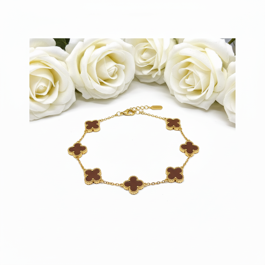 Brown clover waterproof gold-plated clover bracelet for women on white background
