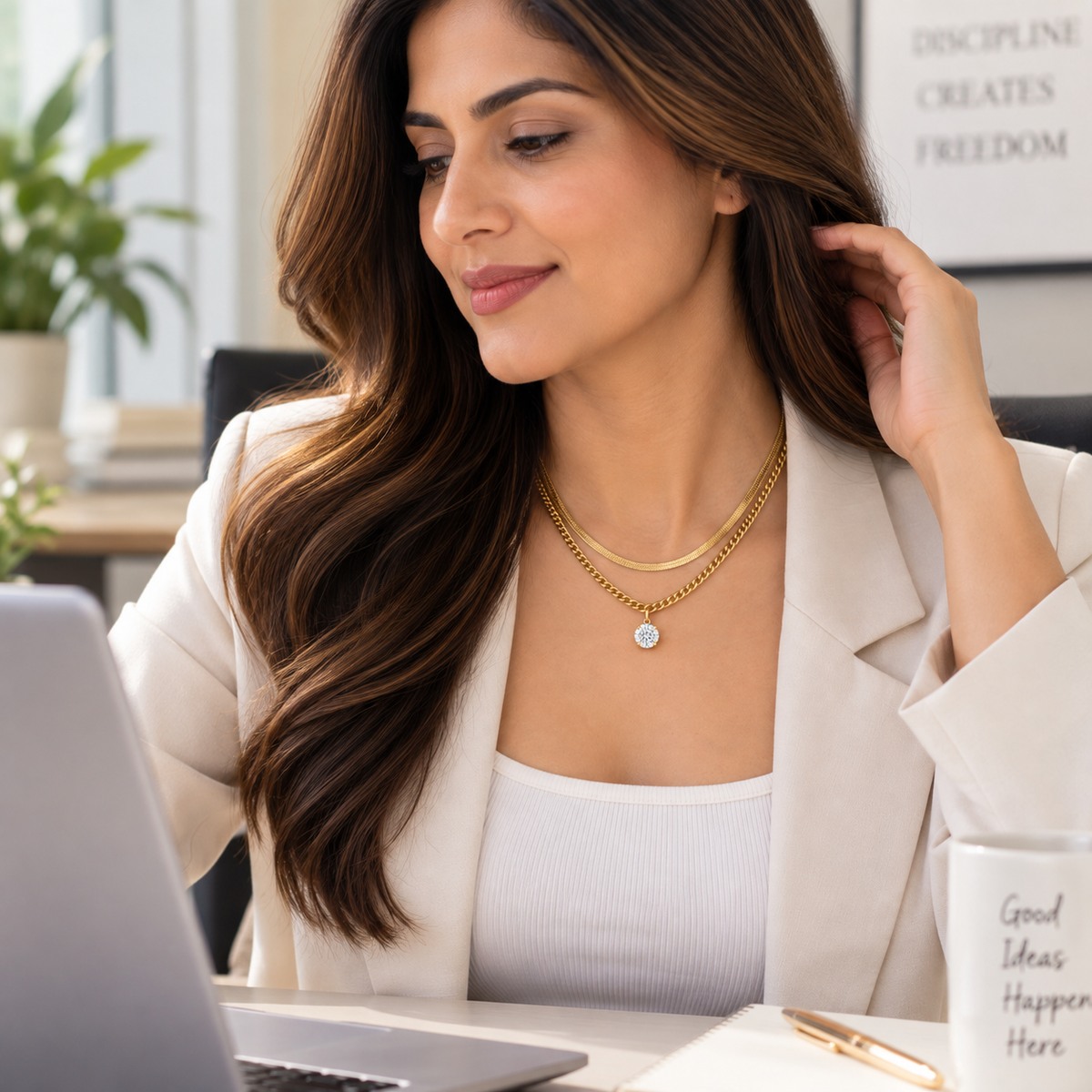 Cavelle Crystal Layered Necklace styled with a sophisticated office outfit