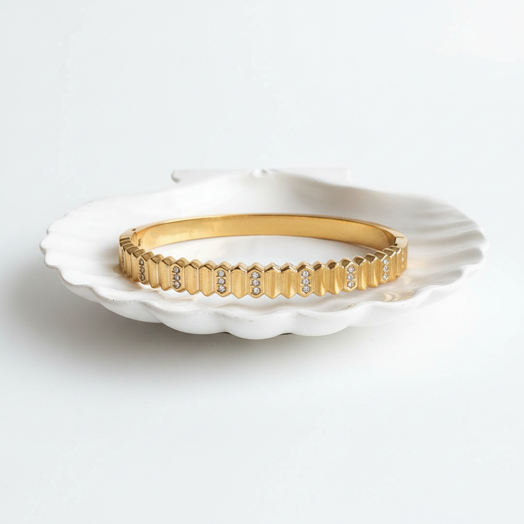 Geometric ridged crystal 316L stainless steel bangle bracelet flat lay gold crystal bracelet for women