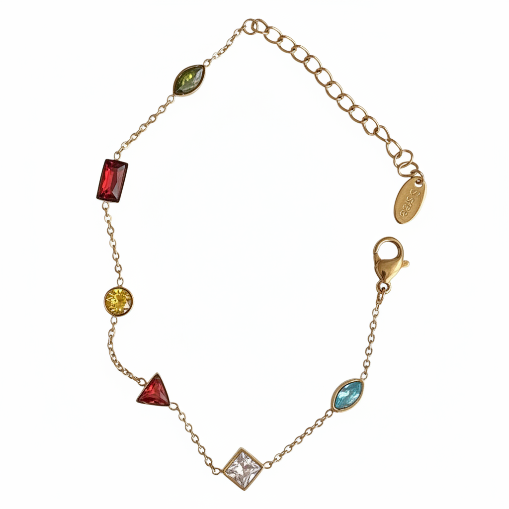 Multicolor gemstone chain bracelet gold plated colorful gemstone bracelet for women on white background