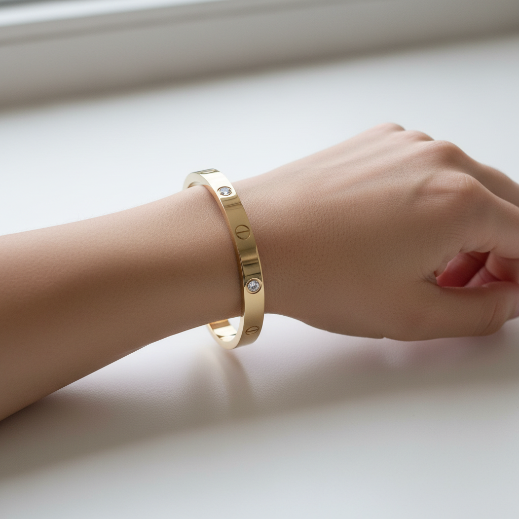 Woman wearing wide love bangle bracelet 18K gold plated minimal everyday jewellery