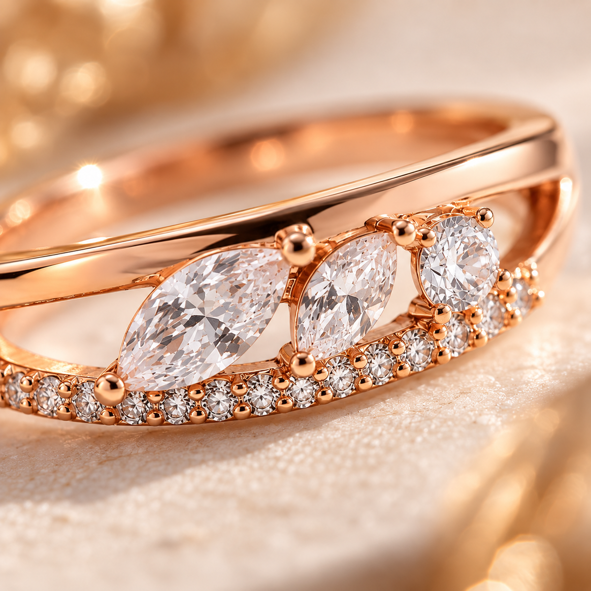 Close-up of Elara rose gold crystal ring showing marquise stones and crystal detailing