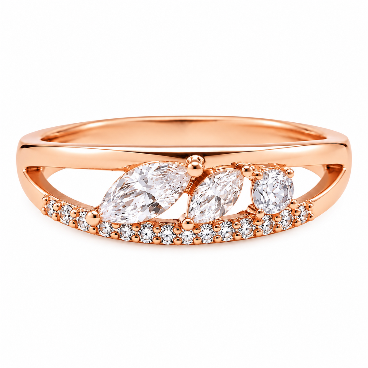 Elara rose gold-tone crystal leaf ring with marquise and round clear crystals