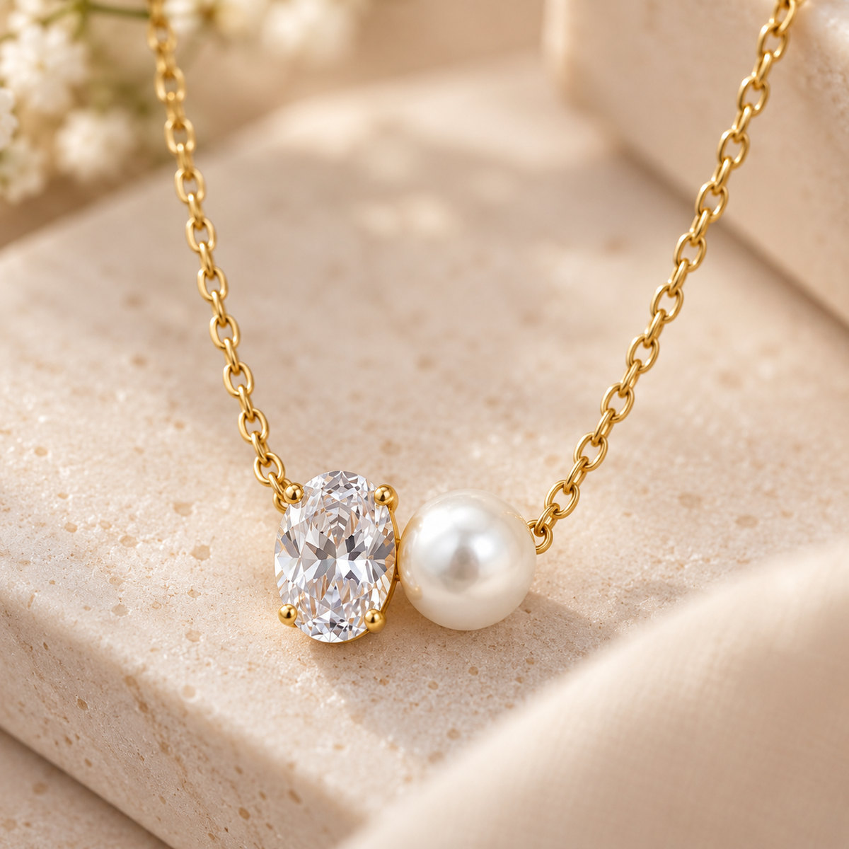 Close-up of Elira necklace showing oval clear crystal, pearl and gold-tone chain