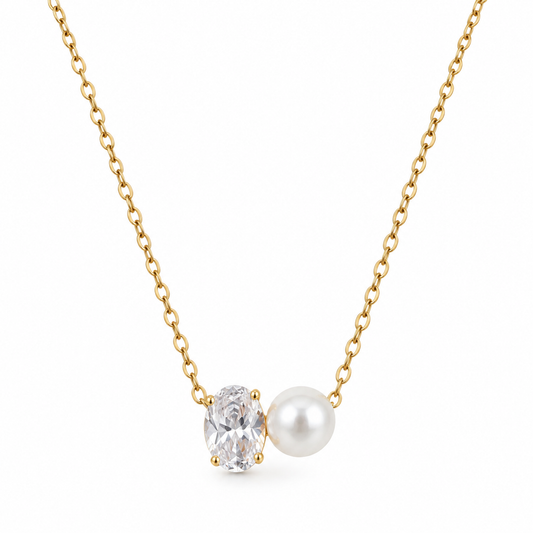 Elira gold-tone necklace with oval clear crystal and round pearl