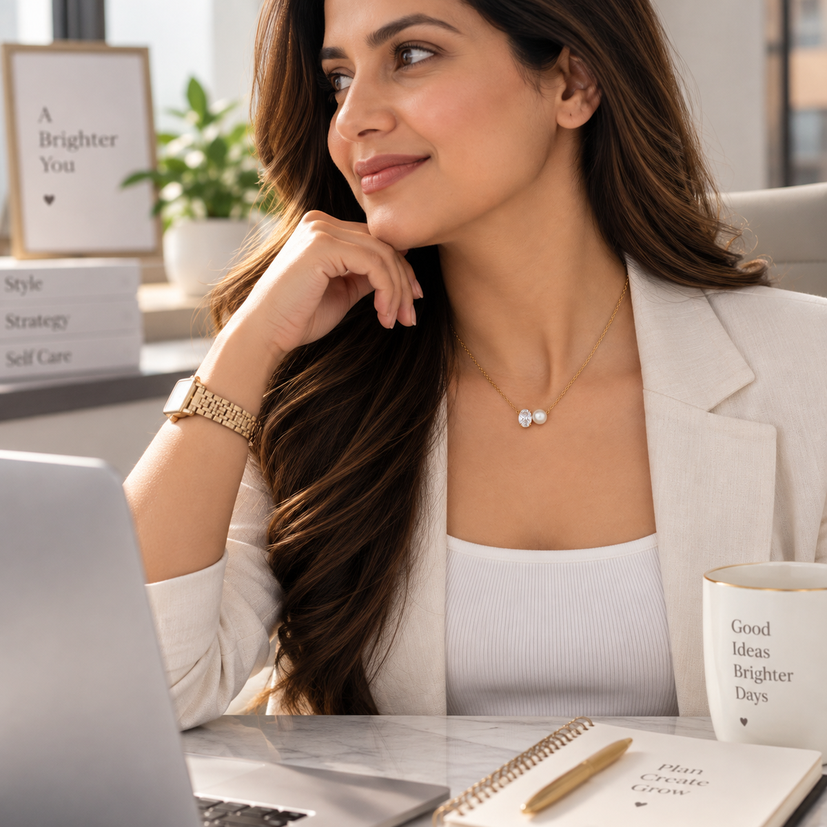 Woman wearing Elira pearl and crystal necklace with sophisticated office wear