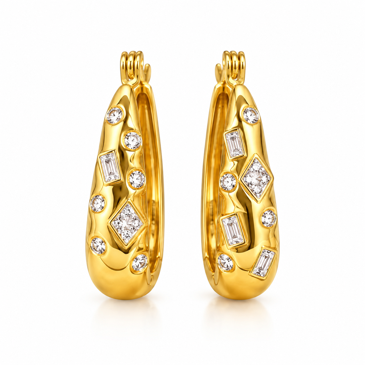 Elora gold PVD 316L stainless steel sculpted hoop earrings with clear crystals