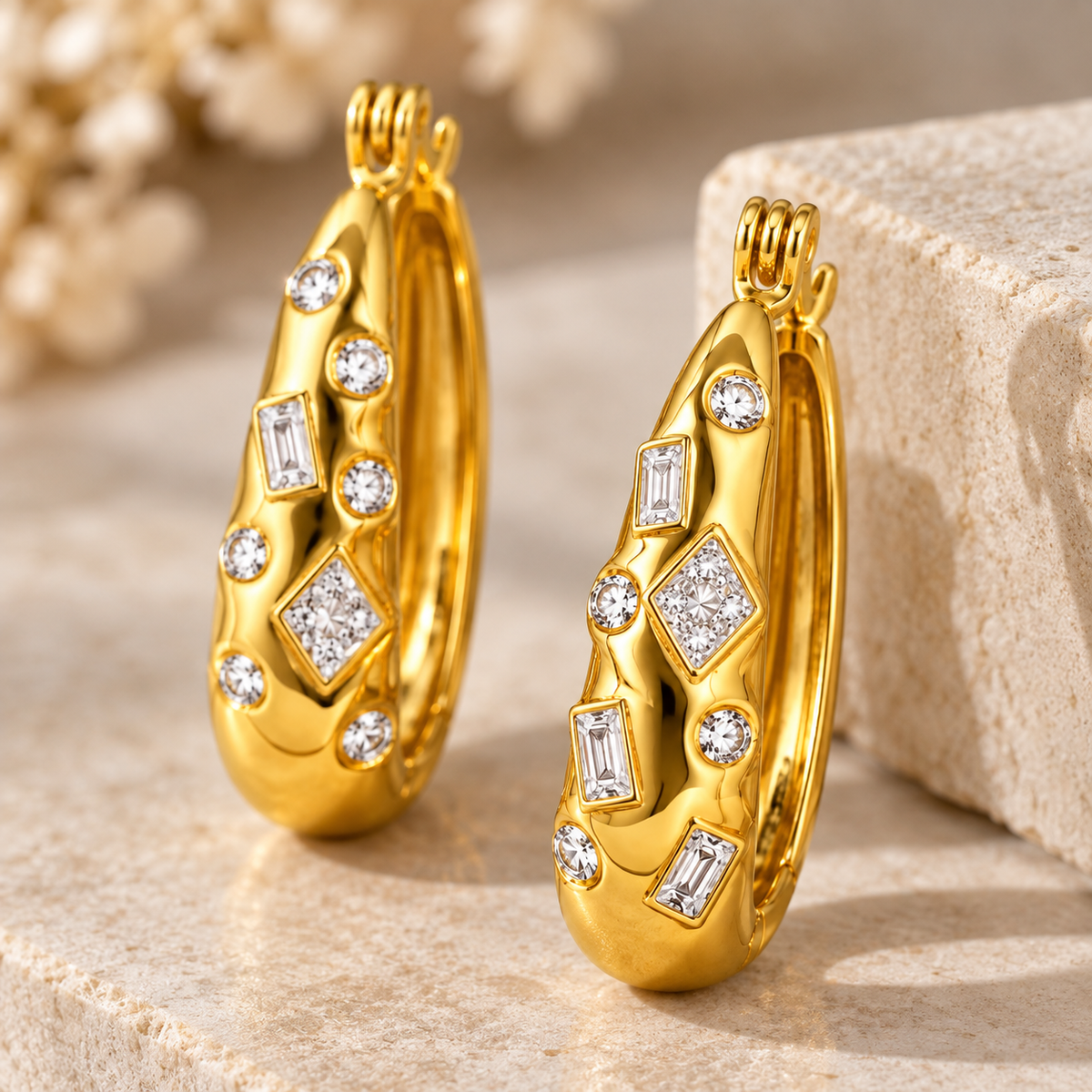 Close-up of Elora gold sculpted hoops with round baguette and geometric clear crystals