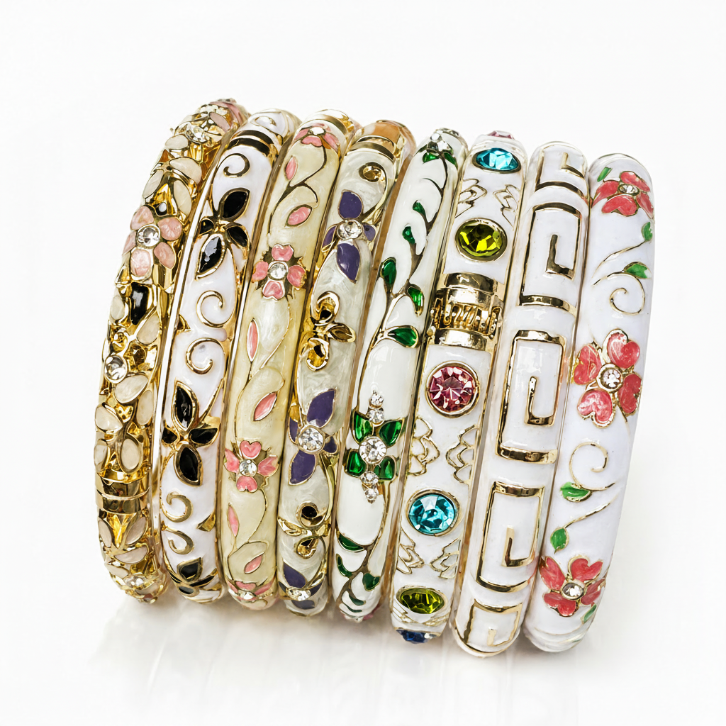 Enamel Bangle Stack on Velvet Stand