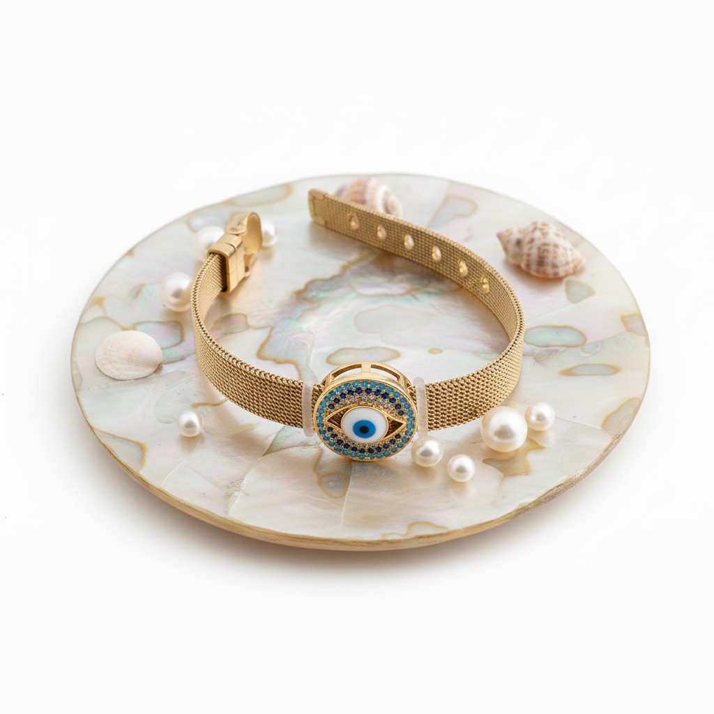 Evil Eye Watch Bracelet Flat Lay