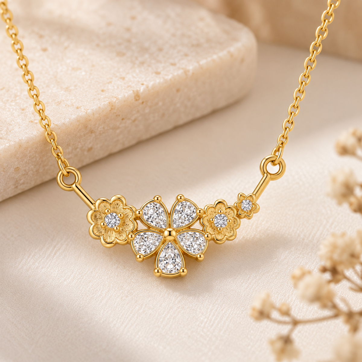 Close-up of Fiora necklace showing crystal flower design and gold-tone finish