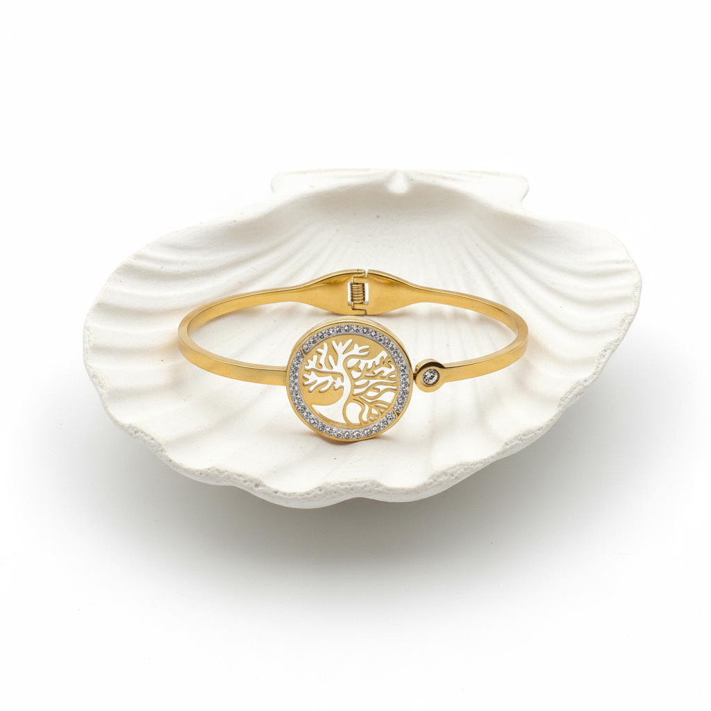 Flat lay of bracelet on shell tray