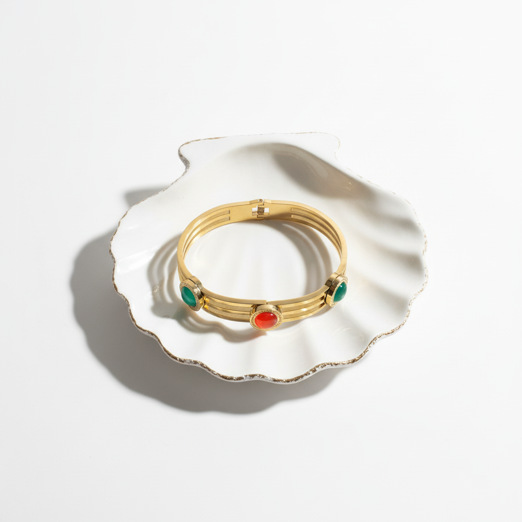 Triple band gemstone kada bracelet flat lay gold gemstone bracelet for women