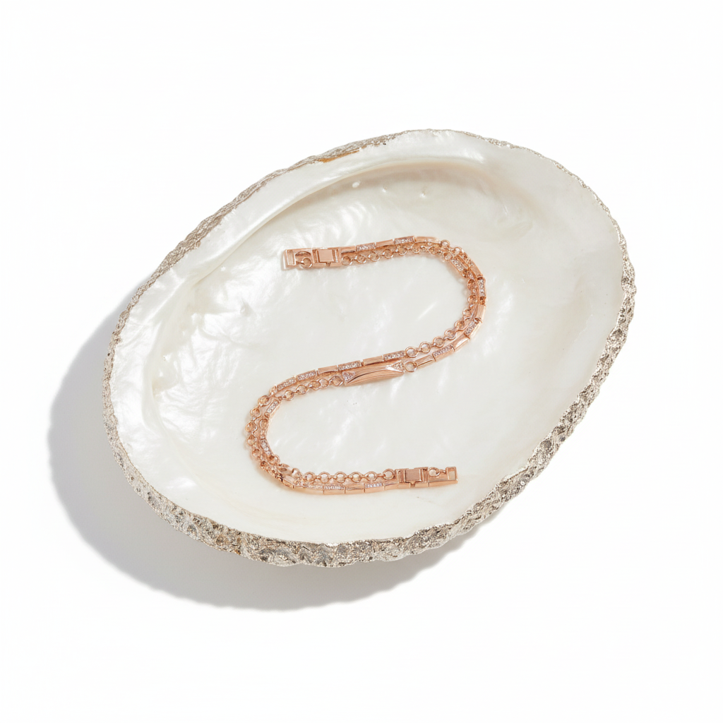 Woman wearing dual strand crystal bracelet minimal gold layered bracelet for everyday wear