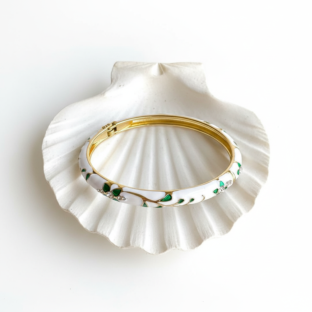 Green leaf crystal flat lay gold enamel bangle bracelet with leaf design