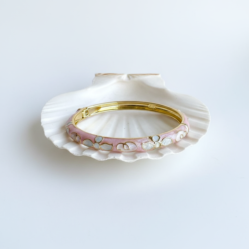 Pink petal enamel bangle bracelet flat lay gold floral enamel bracelet for women