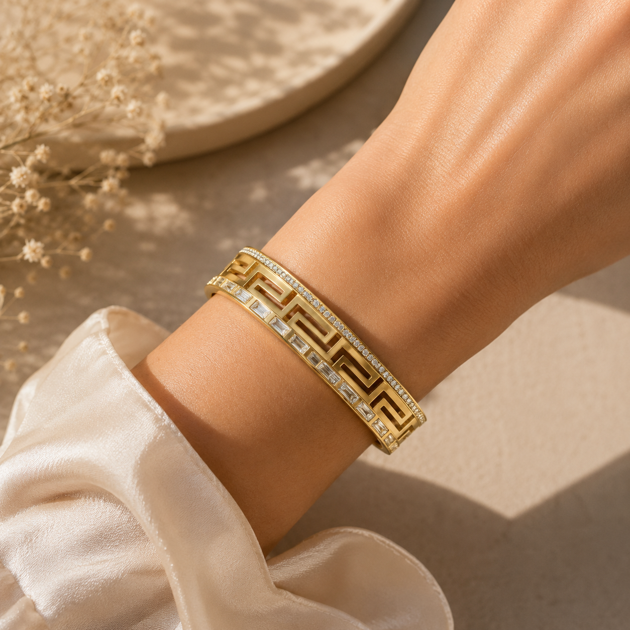 Greek Key Crystal Bangle Bracelet