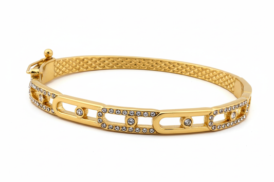 Quilted Mesh Pavé Oval Link Bangle angled side view on white background