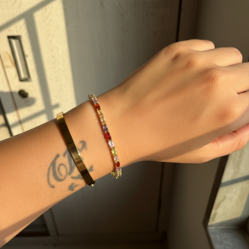 Rainbow Baguette Crystal Tennis Bracelet — lifestyle wrist shot