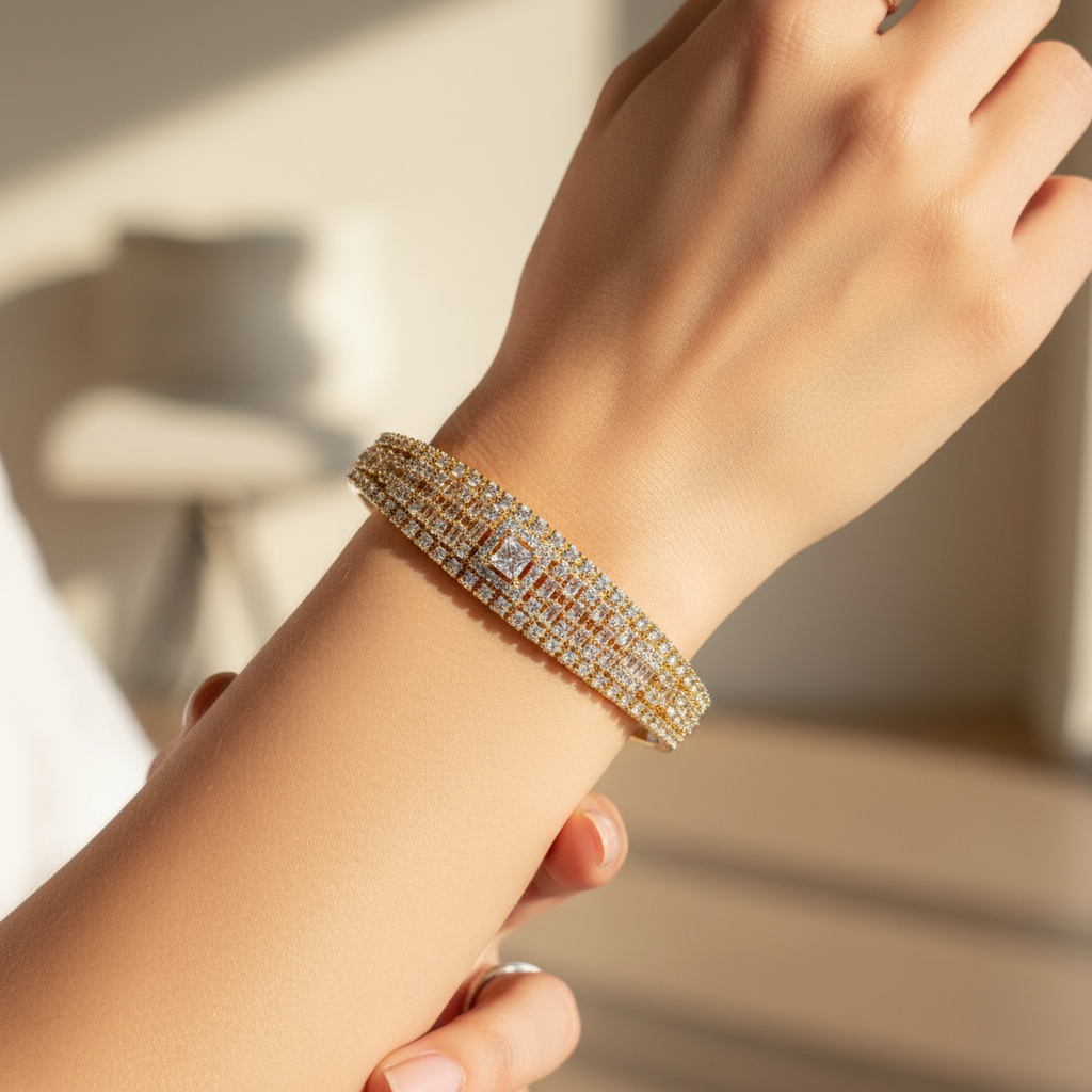 Woman wearing radiant princess crystal bangle bracelet minimal gold bracelet for everyday wear