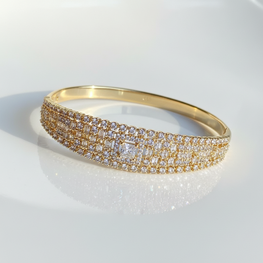 Radiant princess crystal bangle bracelet gold plated crystal bracelet for women on white background