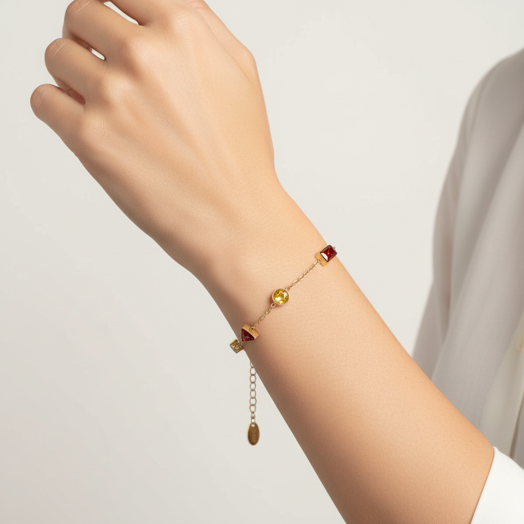 Woman wearing multicolor gemstone chain bracelet minimal colorful bracelet for everyday wear