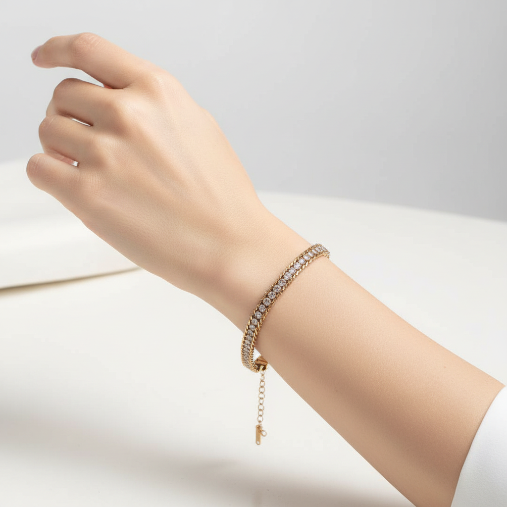 Woman wearing woven crystal chain bracelet elegant gold bracelet for everyday wear