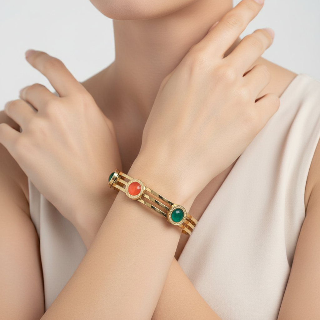 Woman wearing triple band gemstone 316l stainless steel kada bracelet elegant gold bracelet for everyday wear