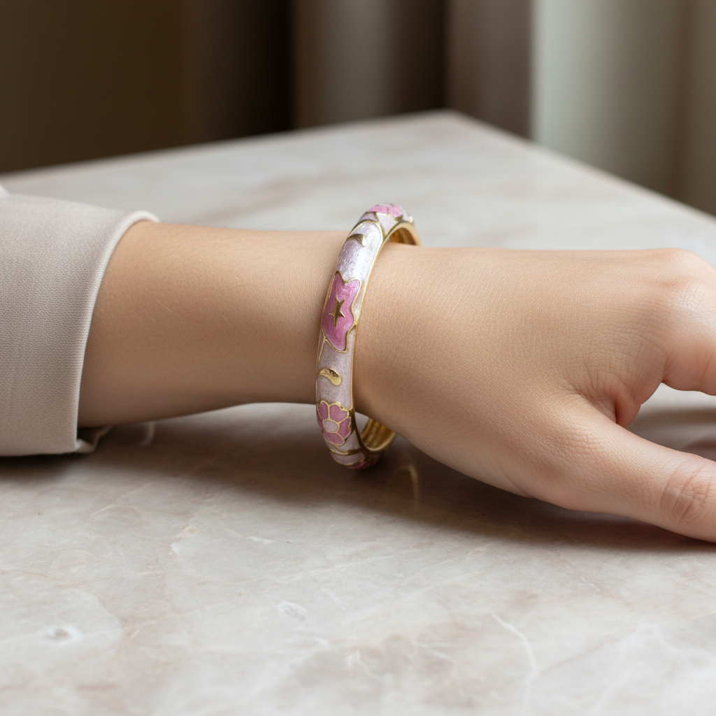 Woman wearing pink baby pink floral enamel bangle bracelet minimal gold bracelet for everyday wear