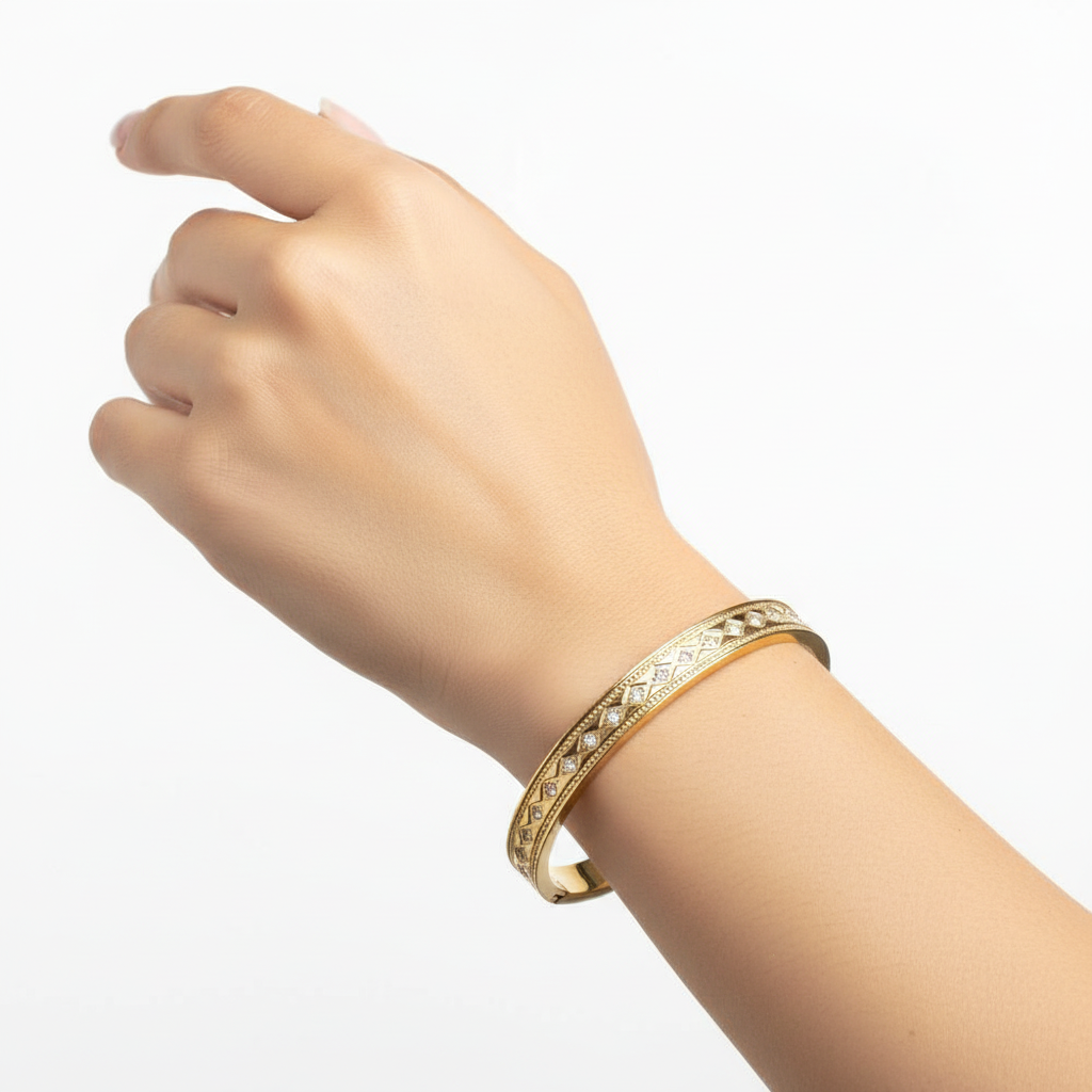 Woman wearing crystal diagonal bangle bracelet minimal gold bracelet for everyday wear