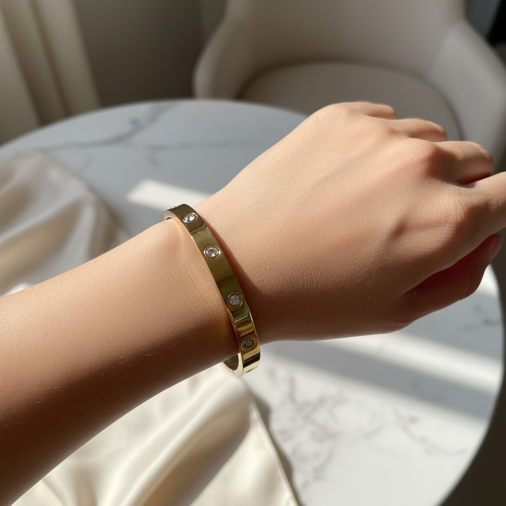 Woman wearing crystal stud cartier style wide bangle minimal gold bracelet for everyday wear