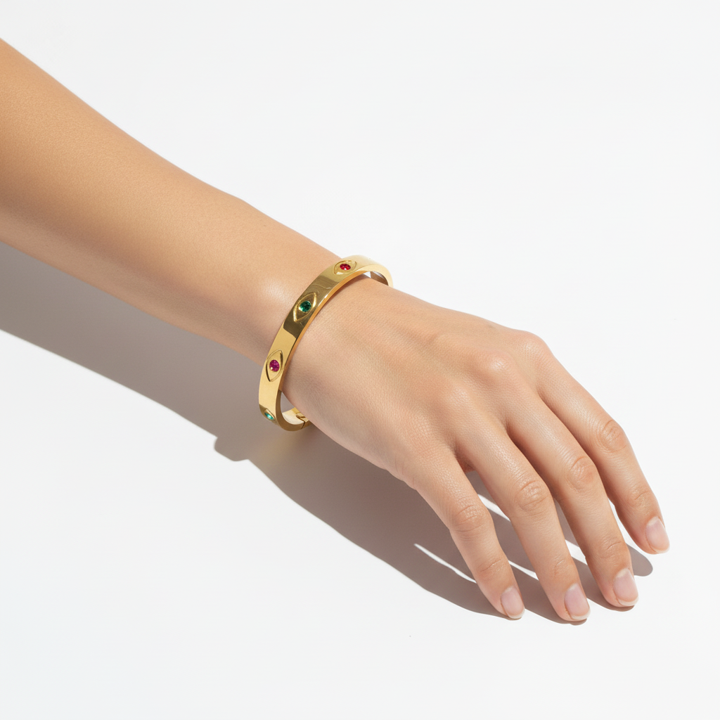 Woman wearing multicolor evil eye bangle bracelet minimal gold bracelet for everyday wear