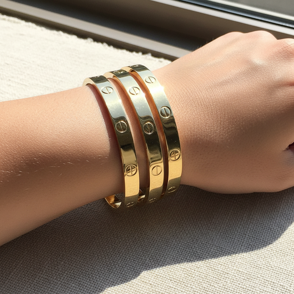 Woman wearing screw bangle bracelet minimal gold everyday bracelet for office wear