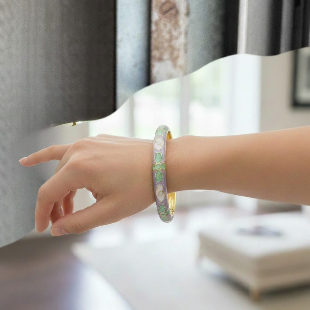 Woman wearing lavender turquoise enamel bangle bracelet leaf pattern minimal everyday bracelet