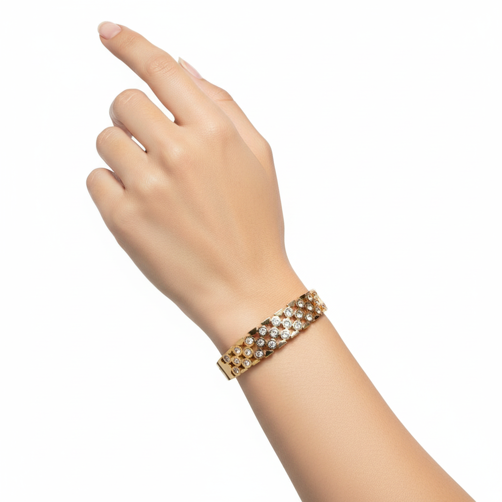 Woman wearing multi row gold plated crystal bracelet for everyday wear