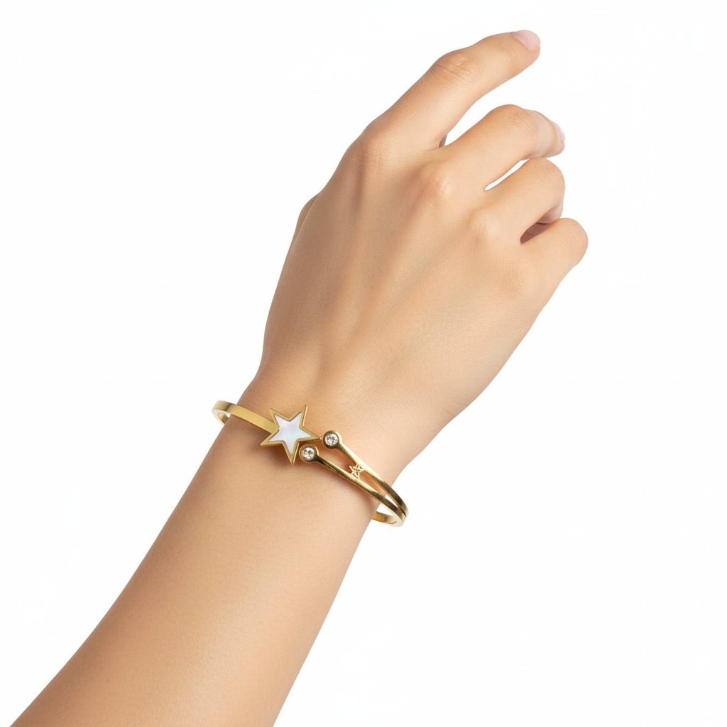 Woman wearing star kada bracelet minimal gold bracelet for everyday wear