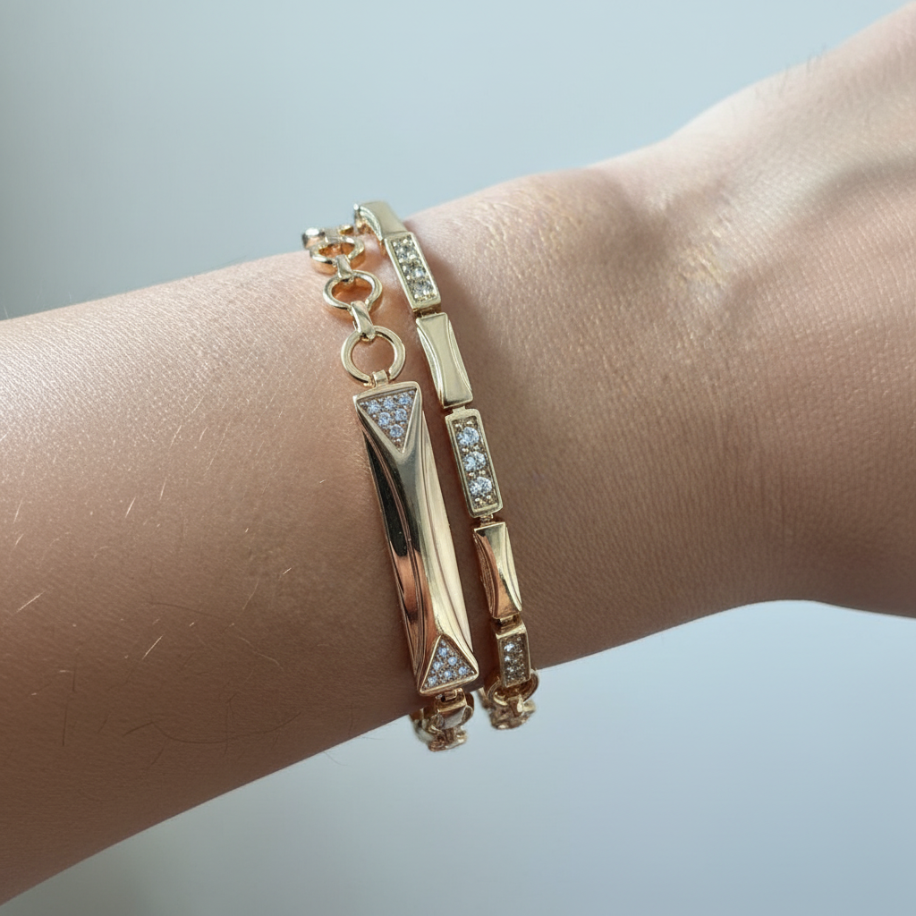 Dual strand crystal bracelet gold plated layered bracelet for women on white background