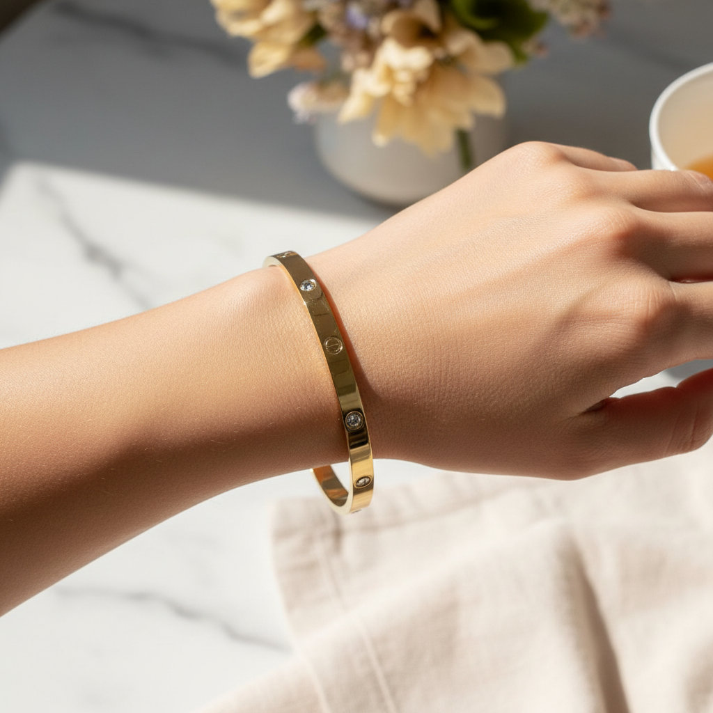 Woman wearing love bangle bracelet minimal gold everyday bracelet for office wear