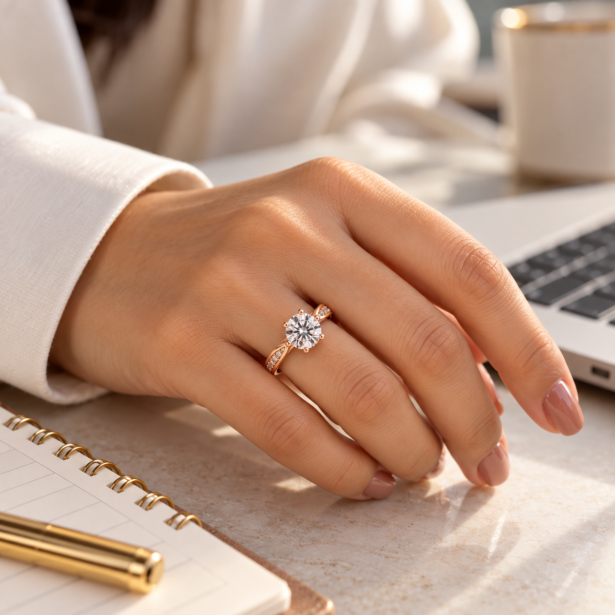 Roselle rose gold crystal ring styled for elegant office wear