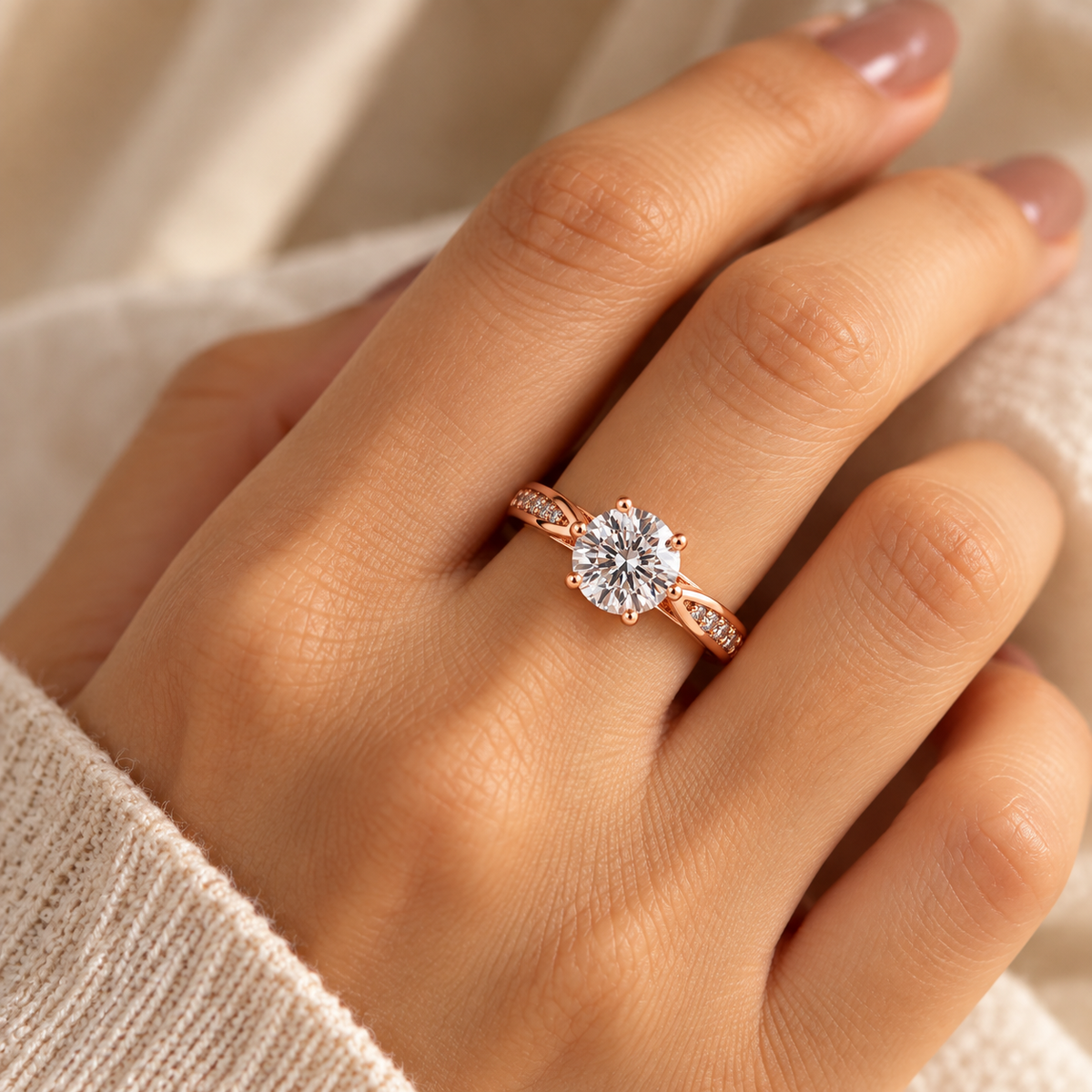 Woman wearing Roselle rose gold crystal solitaire ring