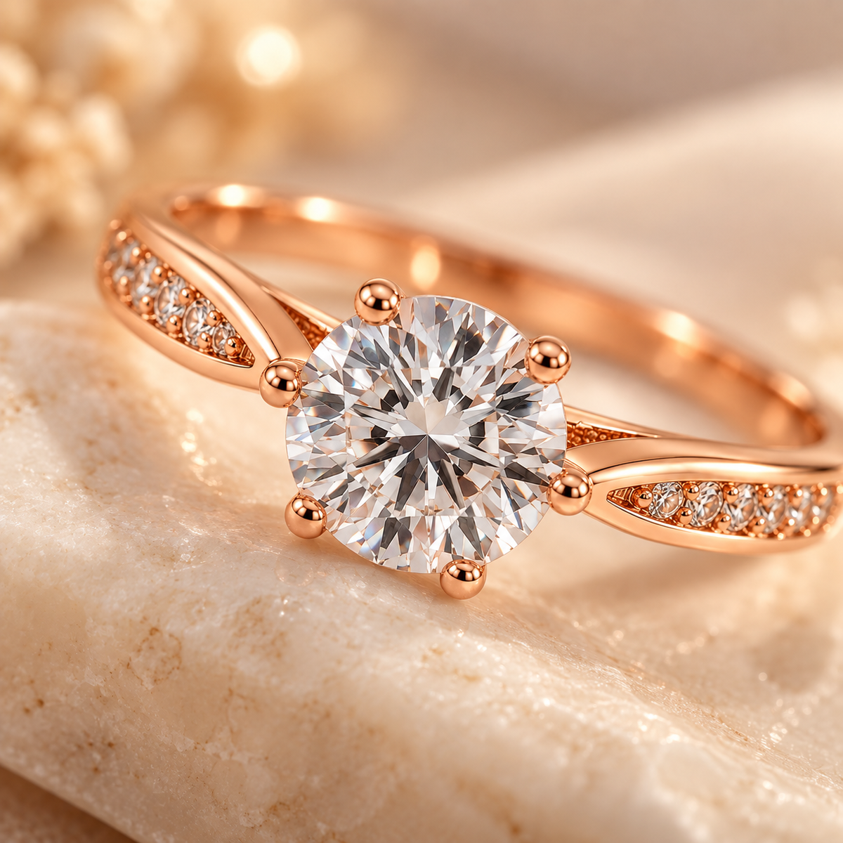 Close-up of Roselle round crystal solitaire ring with rose gold-tone setting