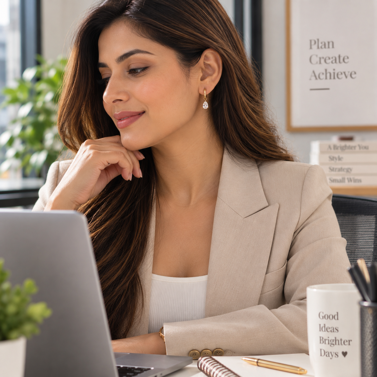 Professional woman wearing Sereia pear crystal drop huggie earrings with elegant office wear