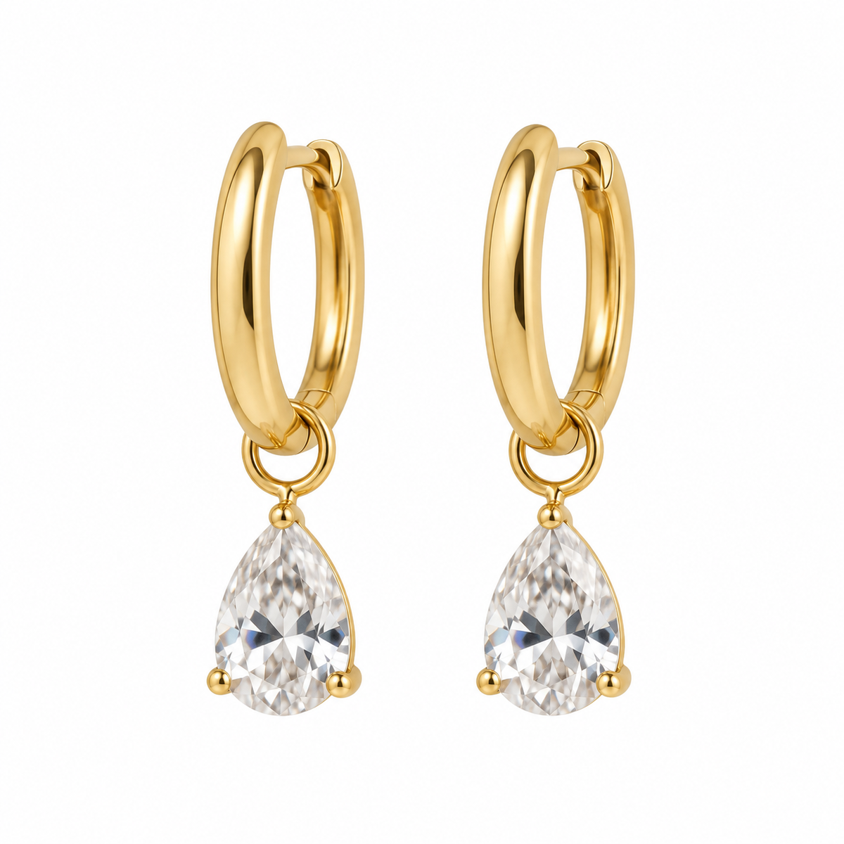 Sereia gold-tone stainless steel huggie earrings with pear-shaped clear crystal drops